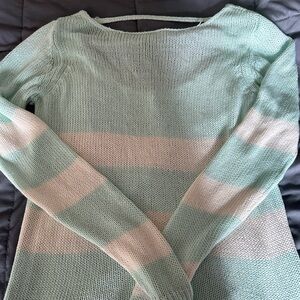 PINK Victoria's Secret Green and White Striped Crew Neck Sweater